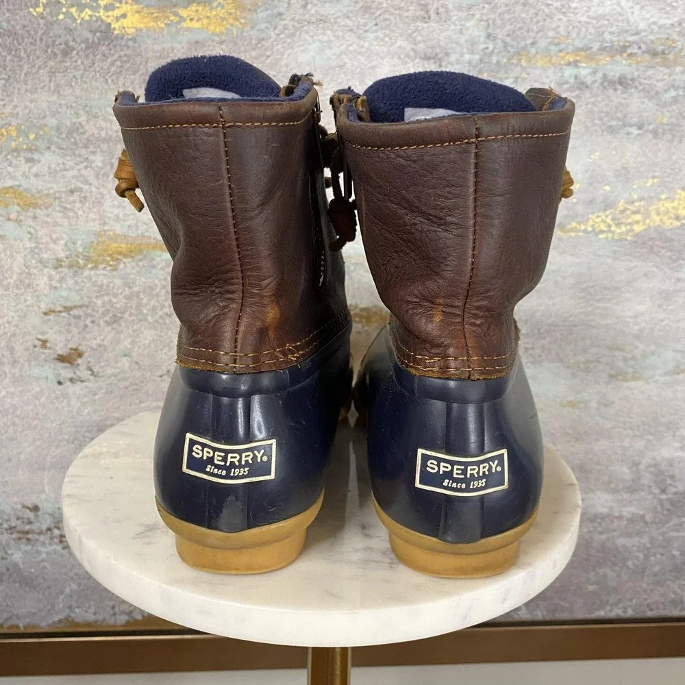 Sperry Boots Womens Size 8 Blue Brown Leather Duck Rain Ankle Zip STS91175